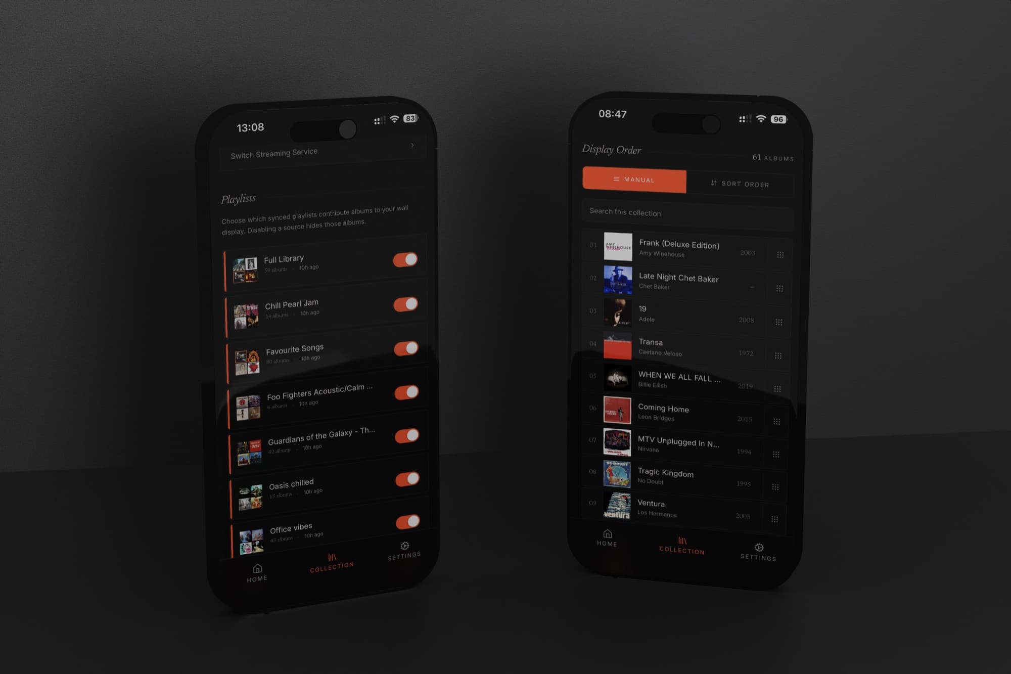 The Spine app: choosing which playlist sources feed the wall, and arranging albums by manual display order.