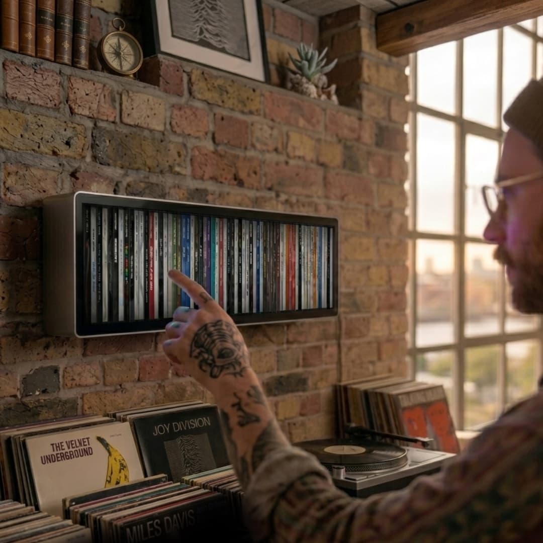 Spine mounted on an exposed brick wall in a London loft, with a vinyl collection and turntable below and the city skyline through a warehouse window. CGI render, not final product.