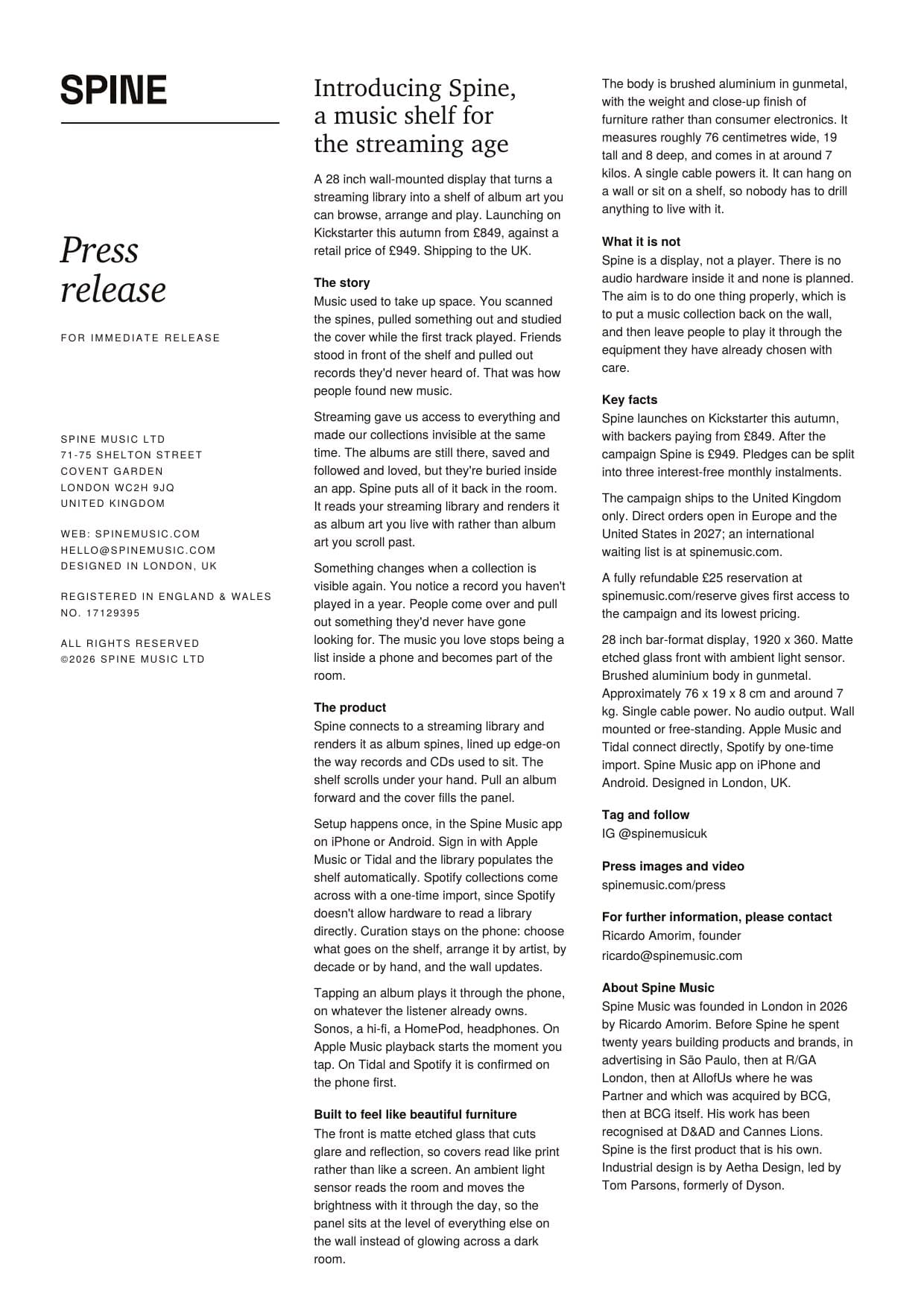 First page of the Spine press release