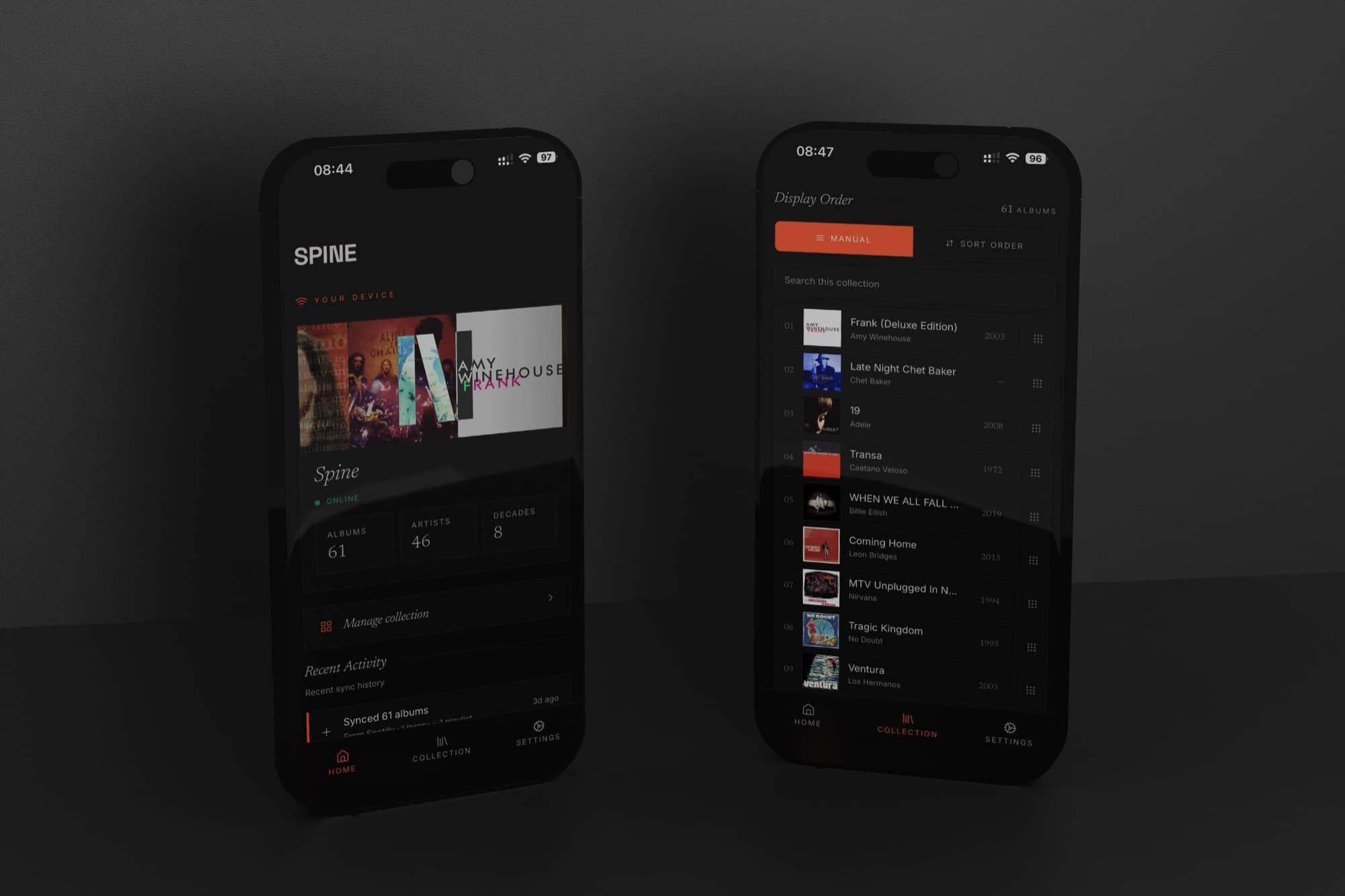 Two iPhones showing the Spine Music app — the Home screen with device status and a Spotify library of 61 albums, and the Collection screen listing the synced albums in manual display order.